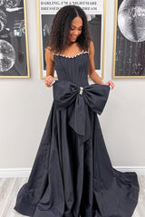 Black - Strapless A Line Satin Pearl Long Formal Prom Dresses With Bow