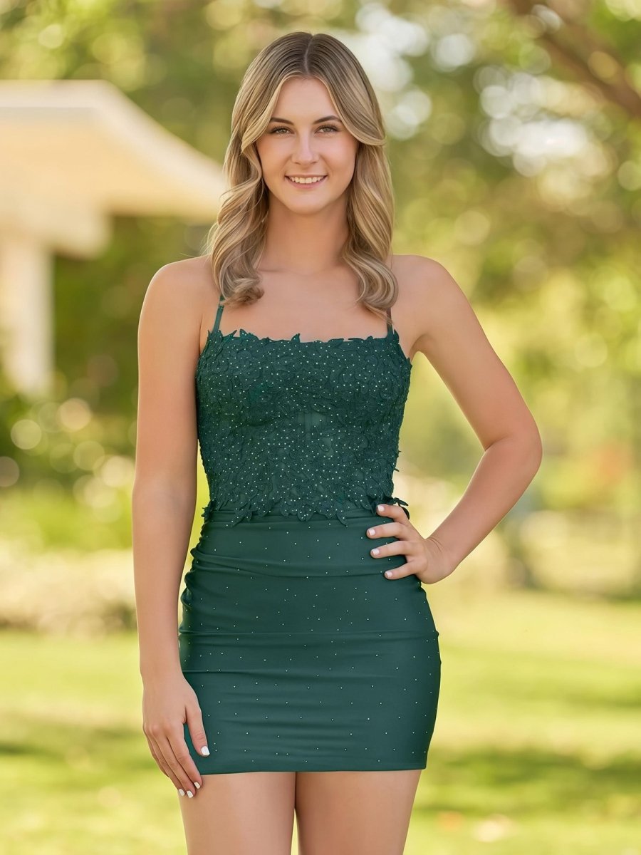 Bodycon Dark Green Spaghetti Straps Short Homecoming Dress with Appliques