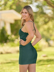 Bodycon Dark Green Spaghetti Straps Short Homecoming Dress with Appliques
