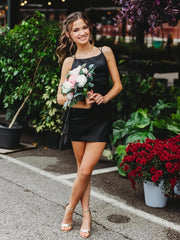 Black - Scoop Neck Satin Ruffle Short Homecoming Dress