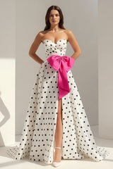 Fuchsia Strapless A Line Polka Dots Satin Long Prom Dresses With Bow