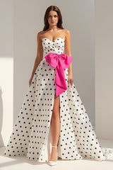 Fuchsia Strapless A Line Polka Dots Satin Long Prom Dresses With Bow