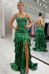 Dark Green Spaghetti Straps Mermaid Metallic Ruffled Prom Dresses With Slit