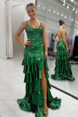 Dark Green Spaghetti Straps Mermaid Metallic Ruffled Prom Dresses With Slit