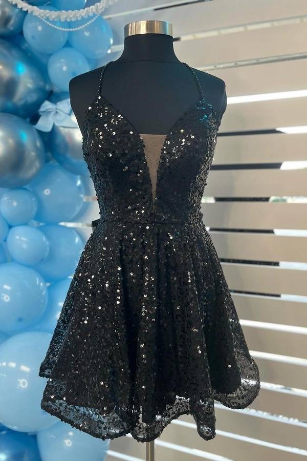 Black - Plunging V Neck Sequins A Line Homecoming Dresses With Bow
