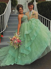 Ball Gown Sweetheart Sage Green Tulle Long Prom Dresses with Appliques
