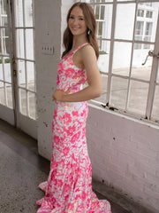 Pink V Neck Sequin Lace Mermaid Prom Dress