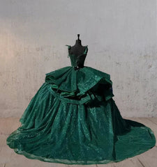 Ball-Gown Lace Emerald Green Glitters Quinceanera Dresses