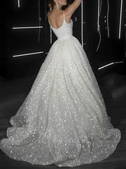 Ball Gown Prom Dresses Glittering Dress Wedding Party Court Train Sleeveless Spaghetti Strap Tulle with Sequin