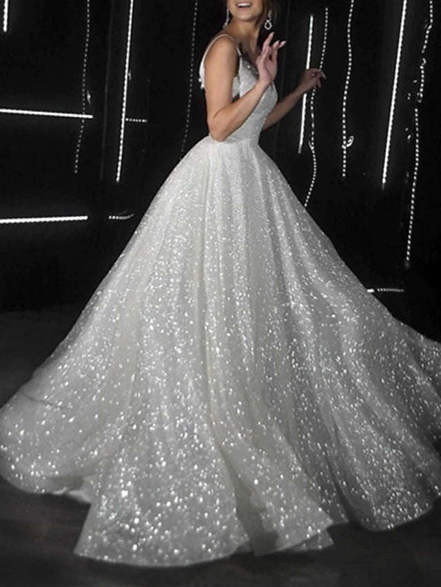 Ball Gown Prom Dresses Glittering Dress Wedding Party Court Train Sleeveless Spaghetti Strap Tulle with Sequin