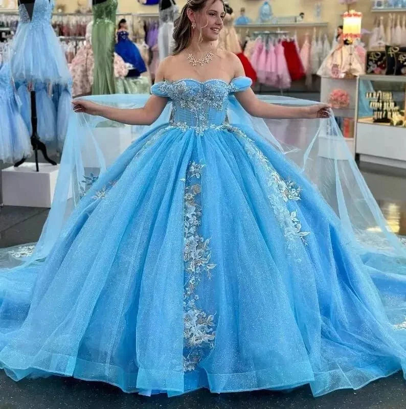 Ball-Gown Sky Blue Appliques Quinceanera Dresses with Cape