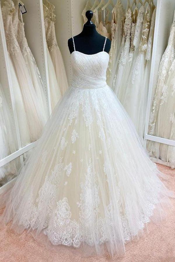 Ball Gown Tulle Lace Spaghetti Straps Appliqued Wedding Dresses