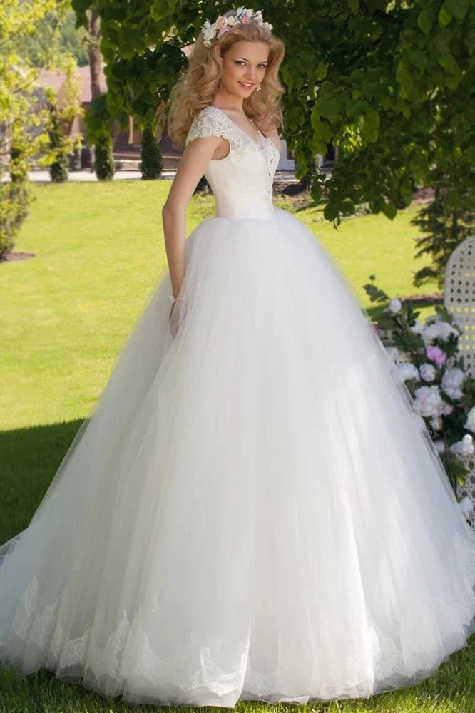 Ball Gown V-Neck Ruched Cap Sleeve Tulle Wedding Dress