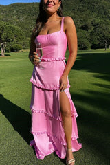 A-Line Hot Pink Ruffles Slit Prom Dress with Lace-up Back