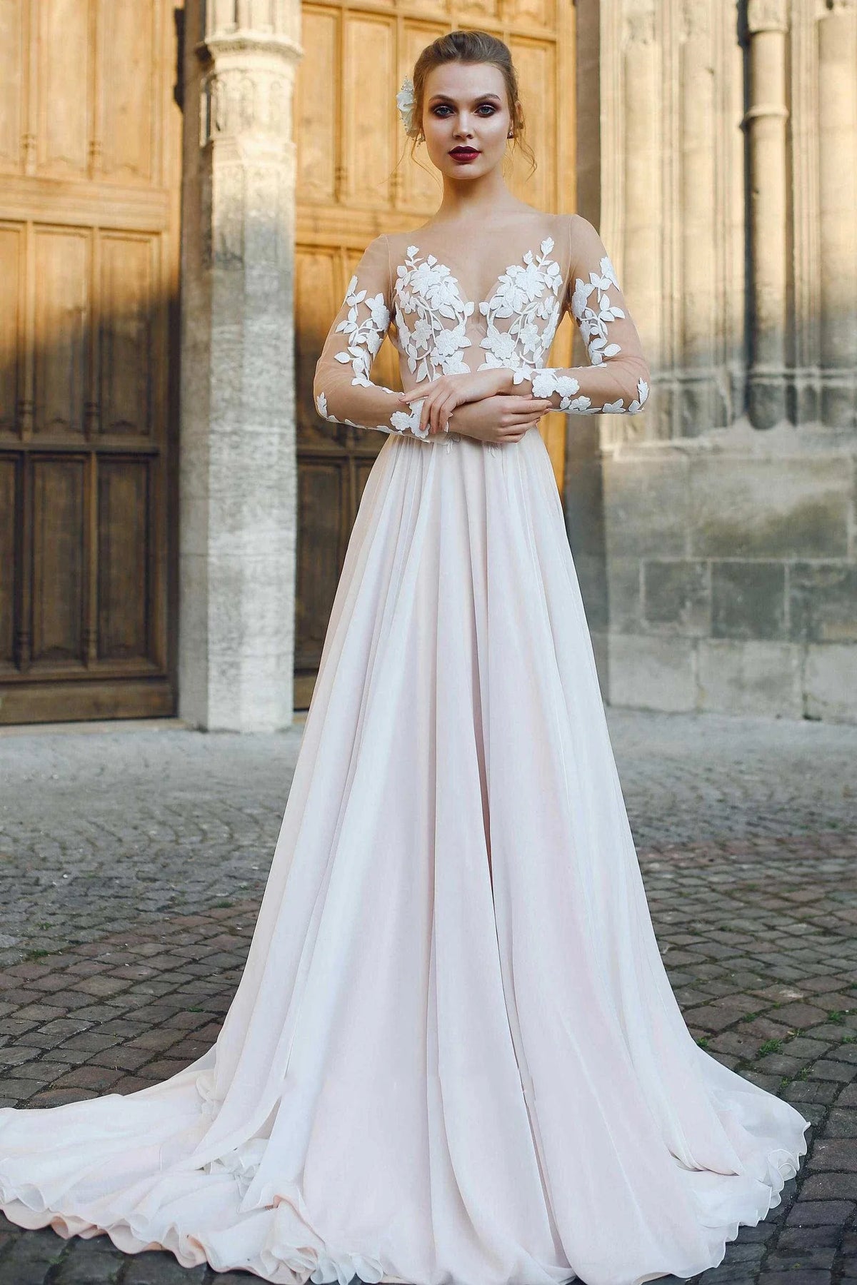 Bateau Illusion Long Sleeve Appliqued A-Line Chiffon Wedding Dress
