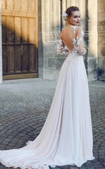 Bateau Illusion Long Sleeve Appliqued A-Line Chiffon Wedding Dress
