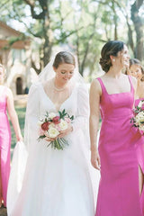 Sheath Square Neck Fuchsia Satin Bridesmaid Dresses with Bow