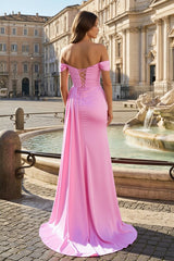 Pink Mermaid Off The Shoulder Satin Beaded Long Prom Dresses With Slit