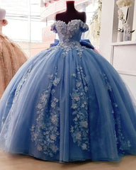 Big Bow Floral Flower Lace Applique Off Shoulder Ball Gown Quinceanera Dresses