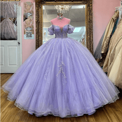 Lavender Off The Shoulder Beaded Tulle Quinceanera Dresses With Appliques