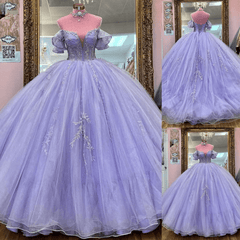Lavender Off The Shoulder Beaded Tulle Quinceanera Dresses With Appliques