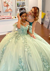 Ball Gown Tulle Off The Shoulder Sage Green Quinceanera Dress