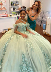 Ball Gown Tulle Off The Shoulder Sage Green Quinceanera Dress