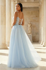 A-Line Tulle Blue Long Corset Spaghetti Straps Prom Dress with Appliques