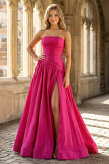 Fuchsia Strapless Taffeta A-line Long Formal Dress