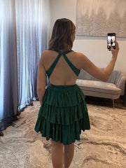 Dark Green - V Neck A Line Cutout Satin Tiered Homecoming Dress With Beading