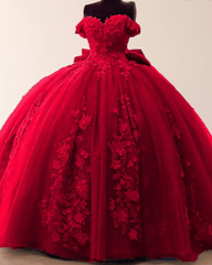 Big Bow Floral Flower Lace Applique Off Shoulder Ball Gown Quinceanera Dresses