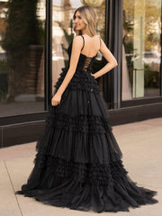A-Line Deep V Neck Tiered Long Glitter Tulle Prom Dress