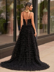 A-Line Tiered Sequins Tulle Long Prom Dress