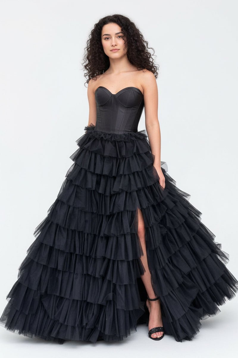 A-Line Sweetheart Tiered Tulle Prom Dress with Slit