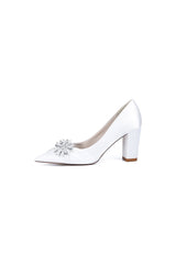 Black Satin High Heels with a Crystal Flower Accent