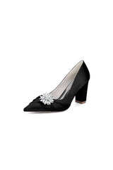 Black Satin High Heels with a Crystal Flower Accent