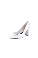 Black Satin High Heels with a Crystal Flower Accent