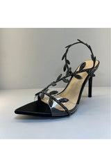 Black Slingback Open Toe Stiletto High Heels with Rhinestones