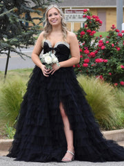 Black Strapless Bow Ruffle Long Prom Dress with Slit