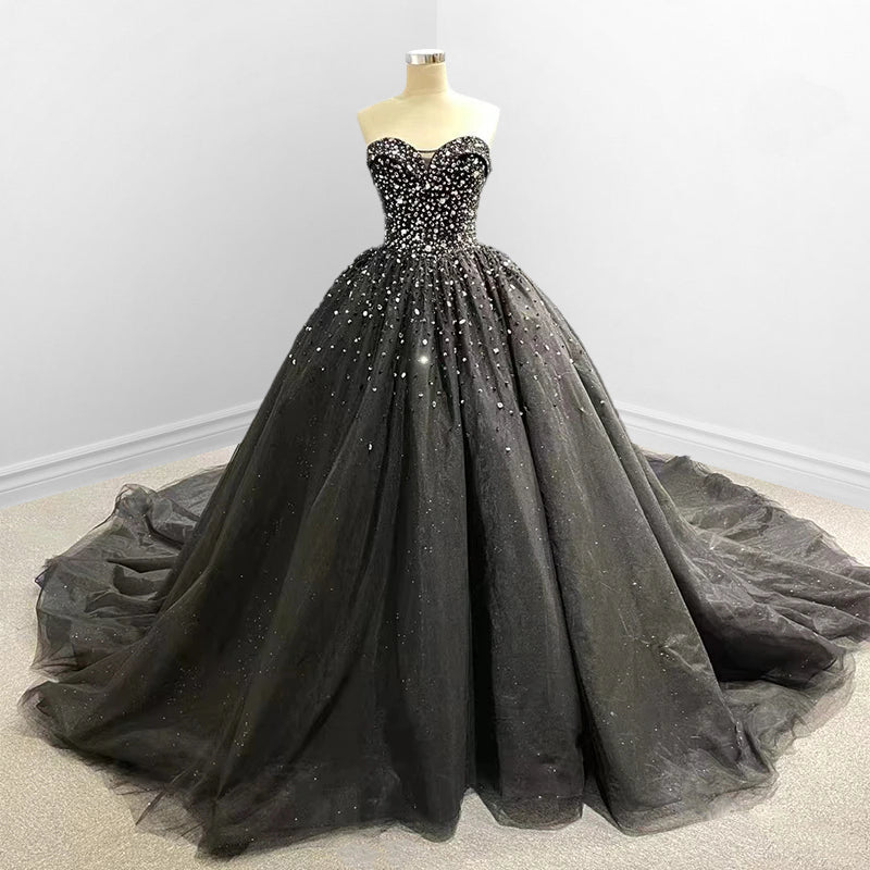 Black Sweetheart Tulle Quinceanera Dresses With Beadings