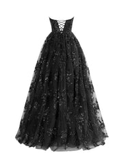 Black - A Line Strapless Pleating Long Prom Dress With Applique