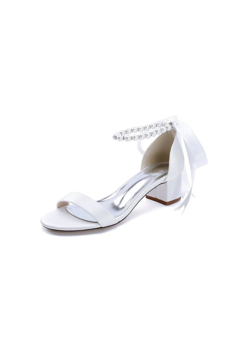 Block-Heel Sandal Adorned with Pearl Ankle Band and Ribbon Bow