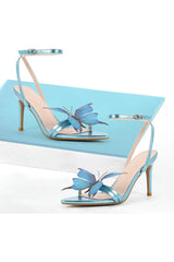 Blue Butterfly Ankle Buckle Open Toe Stiletto High Heels