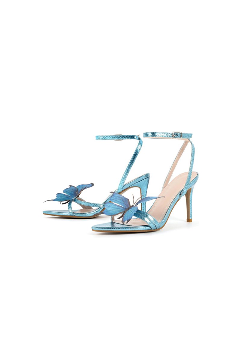 Blue Butterfly Ankle Buckle Open Toe Stiletto High Heels