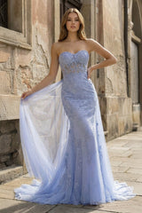Blue Mermaid Sweetheart Neck Lace Long Prom Dress With Appliques