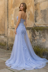 Blue Mermaid Sweetheart Neck Lace Long Prom Dress With Appliques