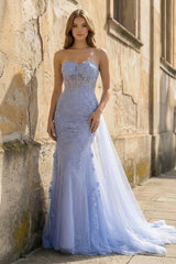 Blue Mermaid Sweetheart Neck Lace Long Prom Dress With Appliques