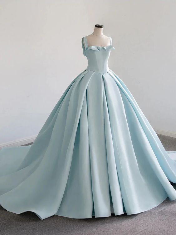Sky Blue Satin Long Ball Gown Quinceanera Dresses