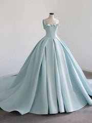 Sky Blue Satin Long Ball Gown Quinceanera Dresses