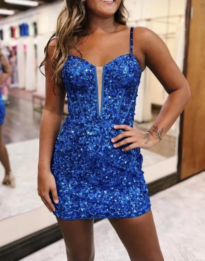 Blue Sequin Scoop Neck Lace-Up Short Tight Homecoming Dress